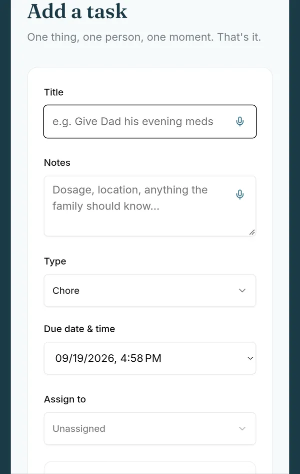 Adding a new task in My Active Family, assigning it to a family member with a due date