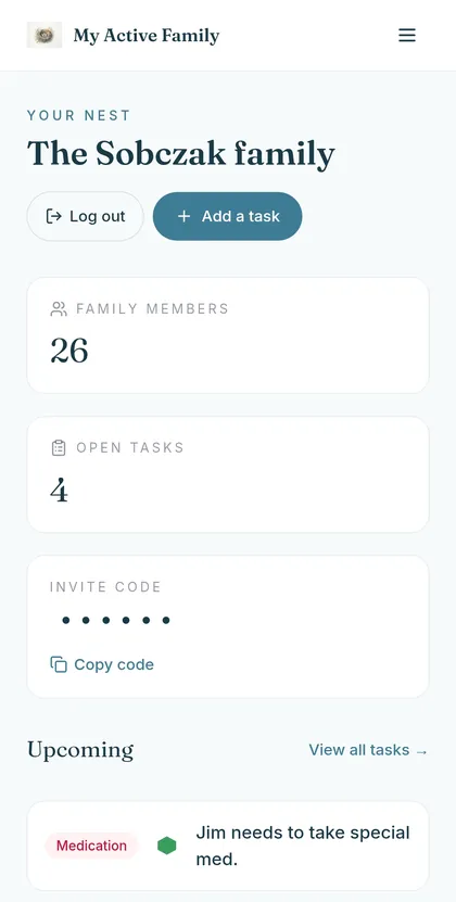 My Active Family household overview showing 26 family members and open tasks